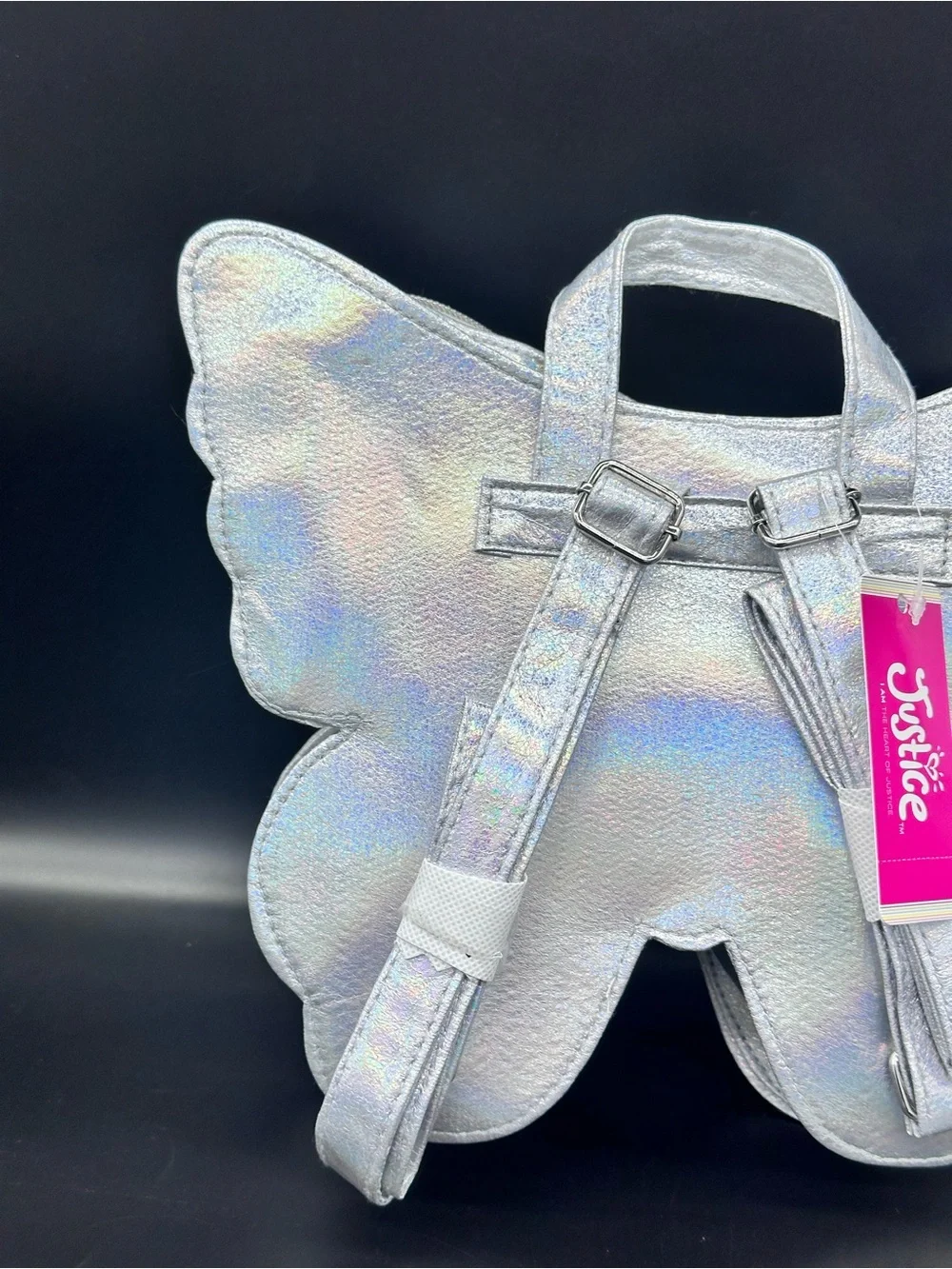Justice Girls Butterfly Mini Backpack Silver Metallic Iridescent Holographic